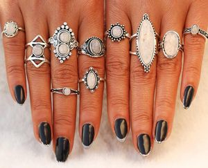 Big Opal Pedra Midi Anéis Set Para As Mulheres Novo Design Retro Cor De Prata Do Vintage Dedo Knuckle Ring Set Jóias