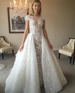 2019 New Zuhair Murad Overskirt Wedding Dresses Short Sleeves Sheer Jewel Neck Appliqued Tulle Chapel A-Line Sweep Train Beaded Bridal Gowns