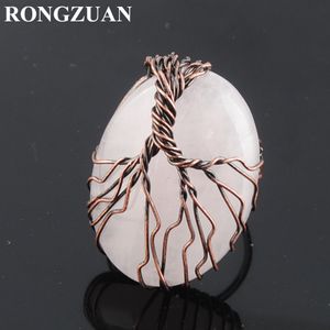 Natural Gem Stone Rose Quartz Bead Adjustable Rings Copper Wire Wrapped Tree of Life Antique Resizable Ring Women Finger Jewelry DX3057