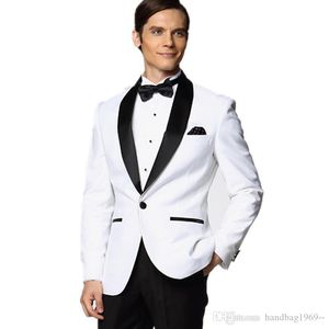 High Quality One Button White Groom Tuxedos Groomsmen Shawl Lapel Man Blazer Mens Wedding Suits Jacket Pants Tie H9823179