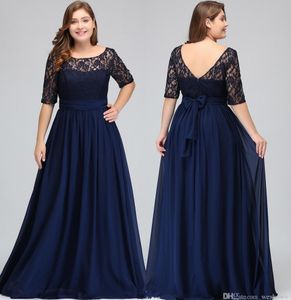 Dark Navy Lace Chiffon Half Mangas Mãe dos Vestidos da Noiva Top A Linha V Vestidos de Mãe Back Mã