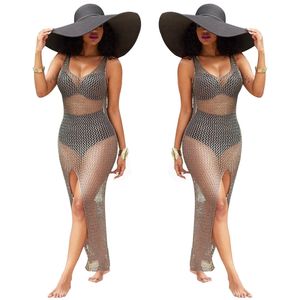 Women Summer Beach Casual Dresses Slim Sunscreen Net Cover Ups Hollow Out High Slit Sleeveless Dress