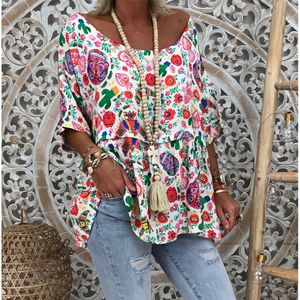 S-5xl plus storlek kvinnor t-shirts boho 2019 vår sommar toppar blomma tryckt lös scoop neck blouses stor storlek t-shirt 3/4 ärm