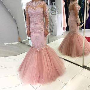 High Neck Illusion Long Sleeve Mermaid Evening Gowns 2019 Embroidery Applique Beaded Crystal Pink Prom Dress Party Special Occasion Women