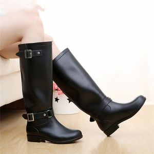 Hot Sale-Punk Style Zipper Tall Boots Kvinnors Ren Färg Rain Gummi Vattenskor för Kvinna 36-41 Plus Storlek