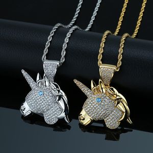 Ny anlände hip hop full zircon unicorn hängande prydnad halsband hängsmycke med rostfritt stål rep kedja