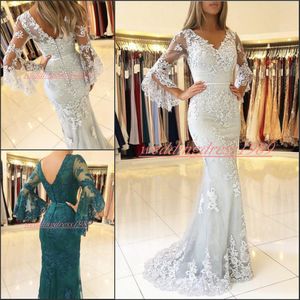 Beautiful Lace Illusion V-Neck Memaid Evening Dresses With Half Sleeve Sheer Pageant Arabic Party Prom Gown Robe De Soiree Formal Guest
