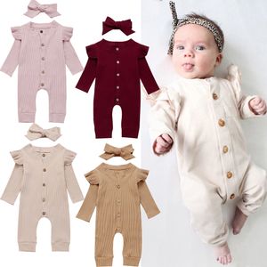 Nyfödd Solid Romper Spädbarn Jumpsuits + Bowknot Headband 2PCS / Set Bomull Långärmad Singelknapp Ruffle Jumpsuit Kids Outfits M683