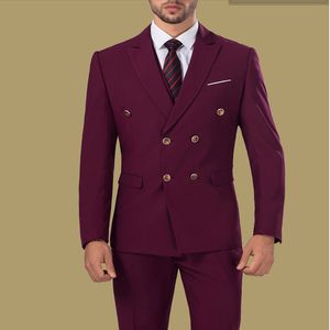 Double-Breasted Burgundy Groom Tuxedos Peak Lapel Mężczyźni Garnitury 2 Sztuki Wedding / Prom / Dinner Blazer (Kurtka + Spodnie + Krawat) W807
