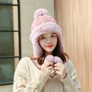 Women Plush Knitted Beanies With Ear Cold Winter Warm Wool Skullies New Female Soft Fur Knit Hats Handmade Warmer Pompom Hat