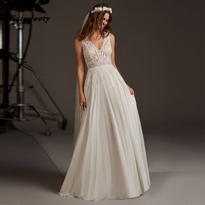 A-Linie Brautkleid mit Spitze, appliziert, Ausschnitt, rückenfrei, Chiffon, Brautkleider, V-Ausschnitt, Hochzeitskleid, Vestido de Noiva