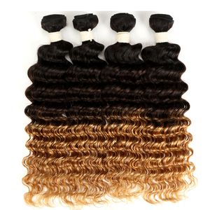 1b Ombre Mänskliga hårförlängningar Deep Wave Three Tone Deep Curly Bundle Brazilian Remy Wavy Weaves buntar