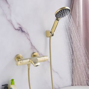 Torneira de banheira de banheira de banheira de banheira de temperatura constante de latão com torneiras de chuveiro portátil conjunto escovado ouro / preto