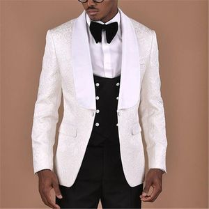 Белый узор с двойной однобортный черный жилет Мужчины Костюм 3 шт Groom Смокинги Groomsmen Свадебная одежда Blazer костюмы для мужчин