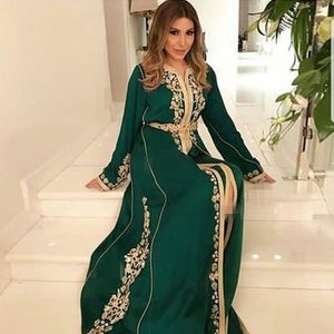 Fashion Dark Green Moroccan Kaftan Evening Front Slit Embroidery Beaded Long Prom Dresses Full Sleeves Arabic Muslim Party-dress