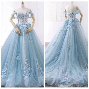 Lekkie Niebieskie Off Ramię Koronki Aplikacje Quinceanera Suknie Off Ramię Koronki Aplikacja Długie Formalne Wieczorowe Suknie Party Robe de Soiree