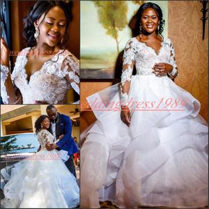 Elegance Long Sleeve Tiered Wedding Dresses 2020 South African V-Neck Lace Sheer Plus Size Vestido de novia Bride Ball Formal Bridal Gown