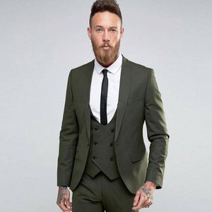 Olive Green Groom Smoking Szal Kapel Groomsman Wedding 3 Piece Suit Moda Mężczyźni Business Prom Party Jacket Blazer (Kurtka + spodnie + krawat + kamizelka) 468