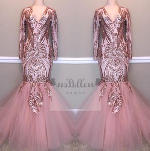 Light Pink Long Sleeves Tulle Mermaid Prom Dresses V Neck Sequins Lace Applique Top Floor Length Formal Party Evening Gowns BC