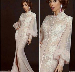 Nowy Nowy Mermaid Aplikacje Przednia Szczur Wysokiej Neck Peach Prom Arabski Arabia Saudyjska Długie Rękawy Przyciski Muzułmańskie Dress Dresses