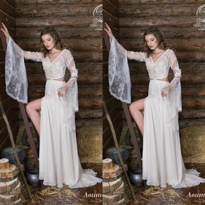 Oleg Baburow 2019 Vestidos De Casamento Bohemian V Neck Mangas Compridas Lace Cutaway Lados Chiffon Dividir Vestidos De Noiva Vestido de Noiva Da Praia