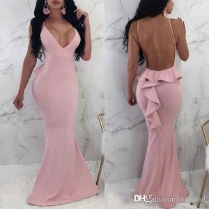 Sexig Enkel Rosa Prom Klänningar Djup V-Neck Backless Satin Cascading Golvlängd Aftonklänningar Långa Formella Klänningar Klänningar Robe de Soirée