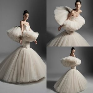 Krikor Jabotian Vestidos de Noiva Sereia 2020 Sem Alças Rendas Florais Apliques Saias em Camadas Vestidos de Noiva Até o Chão Abiti Da Sposa