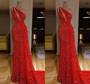 Reflective Red One Shoulder Sequins Evening Dresses Long Ruched Sweep Train Formal Party Gowns Evening Dresses robes de soirée kaftan