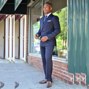 Blue Stripe Groom Tuxedos Double-Breasted Men Wedding Tuxedo Fashion Men Jacket Blazer Men Prom Dinner/Darty Suit (Jacket+Pants+Tie)1622