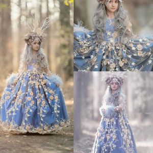 ヴィンテージの女の子のページェントのドレス2020ジュエルネック3 dの花のアップリケプリンセス子供正式な羽の長袖パーティーの誕生日ガウン