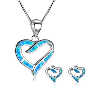 Cute Round Blue Fire Opal Pendant Necklace and Earrings 925 Silver Bridal Wedding Jewelry Set for Women Gifts