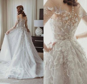 ホワイトAラインウェディングドレスVネックロングスリーブアップリケRuched Wedding Gown Sweep Train Robe de Mariee