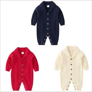 Infant Knitted Solid Jumpsuits Kids Boys Clothes Rompers Long Sleeve Toddler Turndown Collar Onesies Newborn Button Playsuits Bodysuit C410
