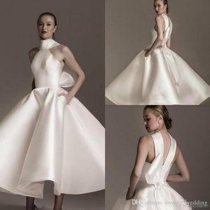 Elegante alta Colarinho Branco Satin casamento Vestidos com bolsos Ruffles Bow Satin Bridal Partido curto nupcial Moda Vestidos Vestido Custom Made