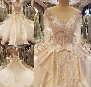 Long Sleeve Lace Ball Gowns Wedding Dress Illusion Neck Beaded Crystal Satin Backless Lace-up Ruffled Vintage Bridal Weeding Gowns