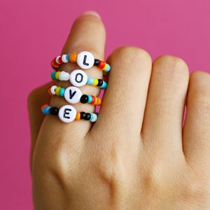 Wholesale personalized rings women resale online - Women Fashion Resin Letter Rings New Female Love Couple Adjustable Beaded Ring Set Bohemian Personalized Jewelry