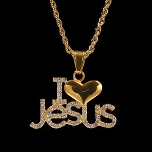 Mens guld rostfritt stål hiphop Jag älskar Jesus hjärta hänge kedja halsband Iced out diamant initial bokstäver rapper smycken gåvor för män