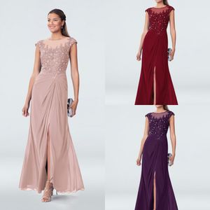 Crystal Lace Chiffon Mor av bruden med Slit Pläterad Draped Bateau Short Sleeve Evening Kappor Formell Klänning Party Mom Dress Plus Storlek