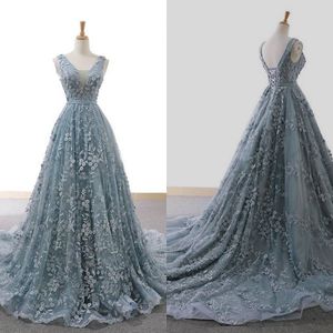 2020 Blue Aftonklänningar Tulle med Applique Prom Klänningar Anpassad Made A Line Floor Length Party Gowns