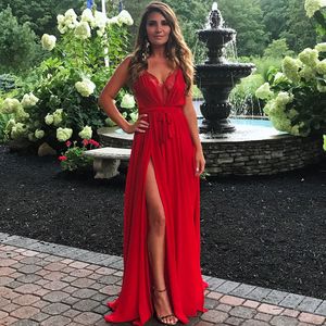 Elegant Ladies Evening Dresses Red Sexy Split A Line Girls Pageant Gowns Satin Sleeveless Party Dress