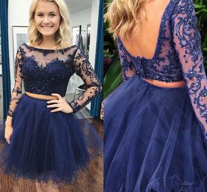 Sexig U Open Back Short Prom Klänningar Lace Beaded Piping Illusion Långärmad 2 Piece Homecoming Dress Billiga Party Cocktail Formell Kappor Billiga