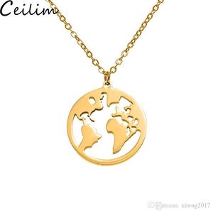 Stainless Steel World Map Pendant Necklace Women Men Gold Chains Necklaces Silver Rose Gold Globe Travel Jewelry Gift