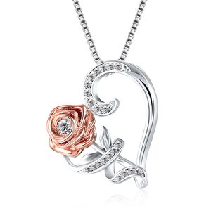 Women 925 Sterling Silver Vintage 3D Rose Pendant Necklaces Heart Love You Flower Necklace Engagement Wedding Valentine's Day Gifts