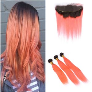 Pomarańczowy Proste Włosy Włoski Ombre Włosy z koronki Frontal Zamknięcie Dwa Tone 1B Orange Hair Extensions z koronkowym zamknięciem czołowym