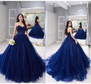 Blue Tulle Ball Gown Sweet 16 Dresses Lace Beaded Sequins Draped Sweetheart Lace-Up Prom Dress 8th Grade Graduation Quinceanera Klänningar Lång