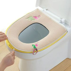 Flamingo embroidery Household Winter Plush Soft Toilet Seat Pad Covers Toilets cover Zipper With Handle Keep Warm Bathroom Accessories