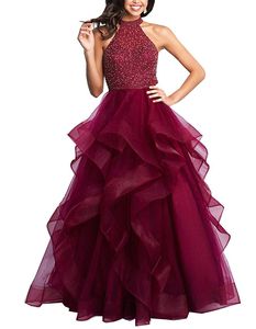 Setwell Halter A-line Evening Dress Sleeveless Sexy Backless Ruffled Top Fully Beaded Floor Length Prom Party Gown