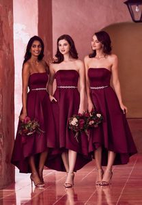 2020 Strapless Tea Length Bridesmaid Dresses Prom Hi Low Beaded Sashes Waist Open Back Satin Burgundy Party Dress Cocktail Evening Gowns