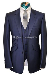 High Quality Two Buttons Navy Blue Groom Tuxedos Notch Lapel Groomsmen Mens Wedding/Prom/Dinner Best Man Blazer (Jacket+Pants+Vest+Tie) K91