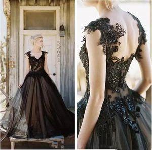 Vintage Black Wedding Dresses Long A Line Tulle Lace Appliques Gothic Beaded Sexy Backless Croset Bridal Gowns Cheap Custom Made Plus Size